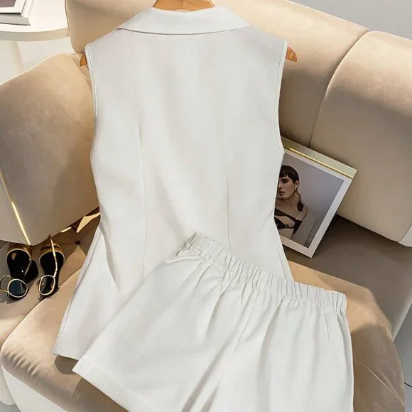 White Elegant Women's Sleeveless Vest And Shorts Set - Picture 2 of 8